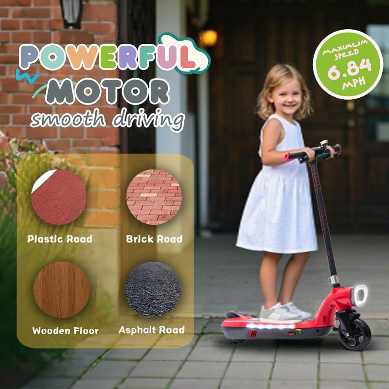 Kids Ride on Electric Scooter with Kickstand,Scooter Bell,Faster Speed and Longer Usage Time,Rear Brake,Wider Pedal,Non-Slip Handle,Colorful LED Lights,5.59-6.84 MPH for Kids 6+.
