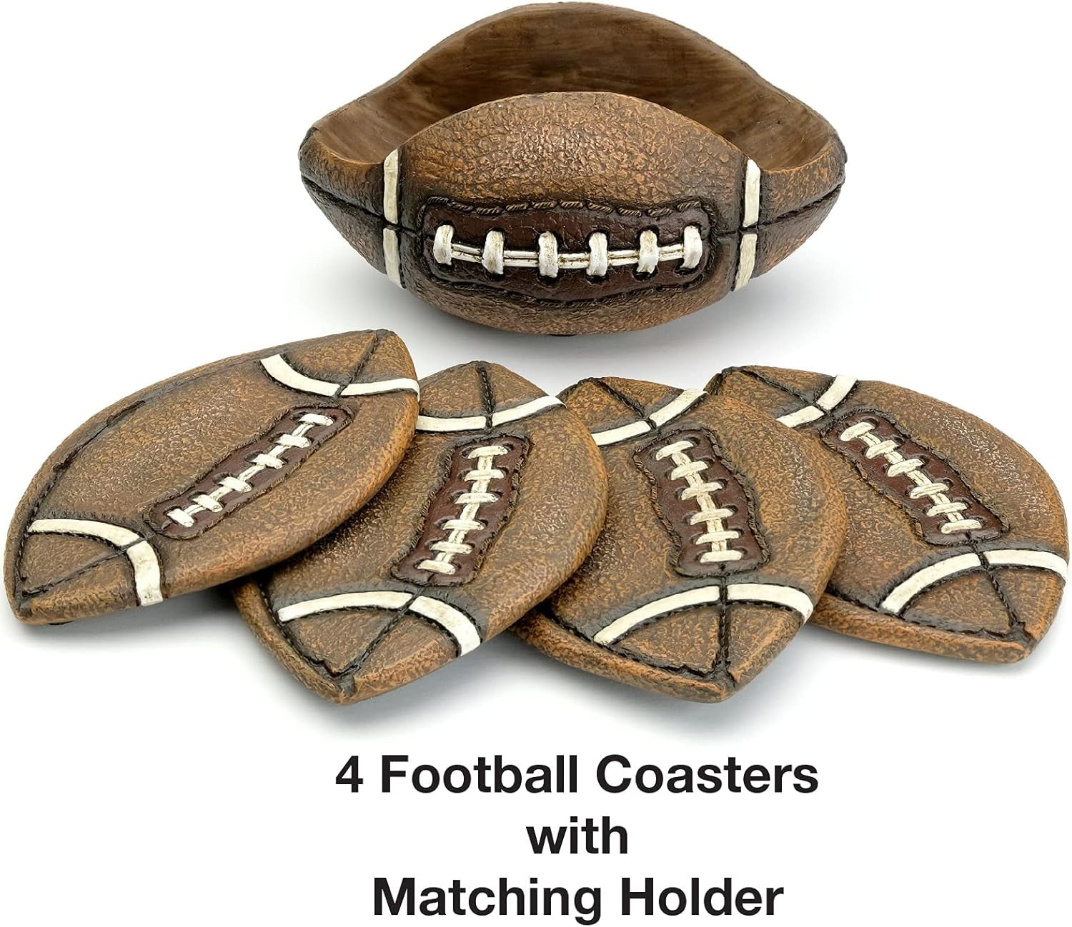 Football Coasters Set: Includes 4 Football Coasters and Holder. Vintage Sports Home Decor.