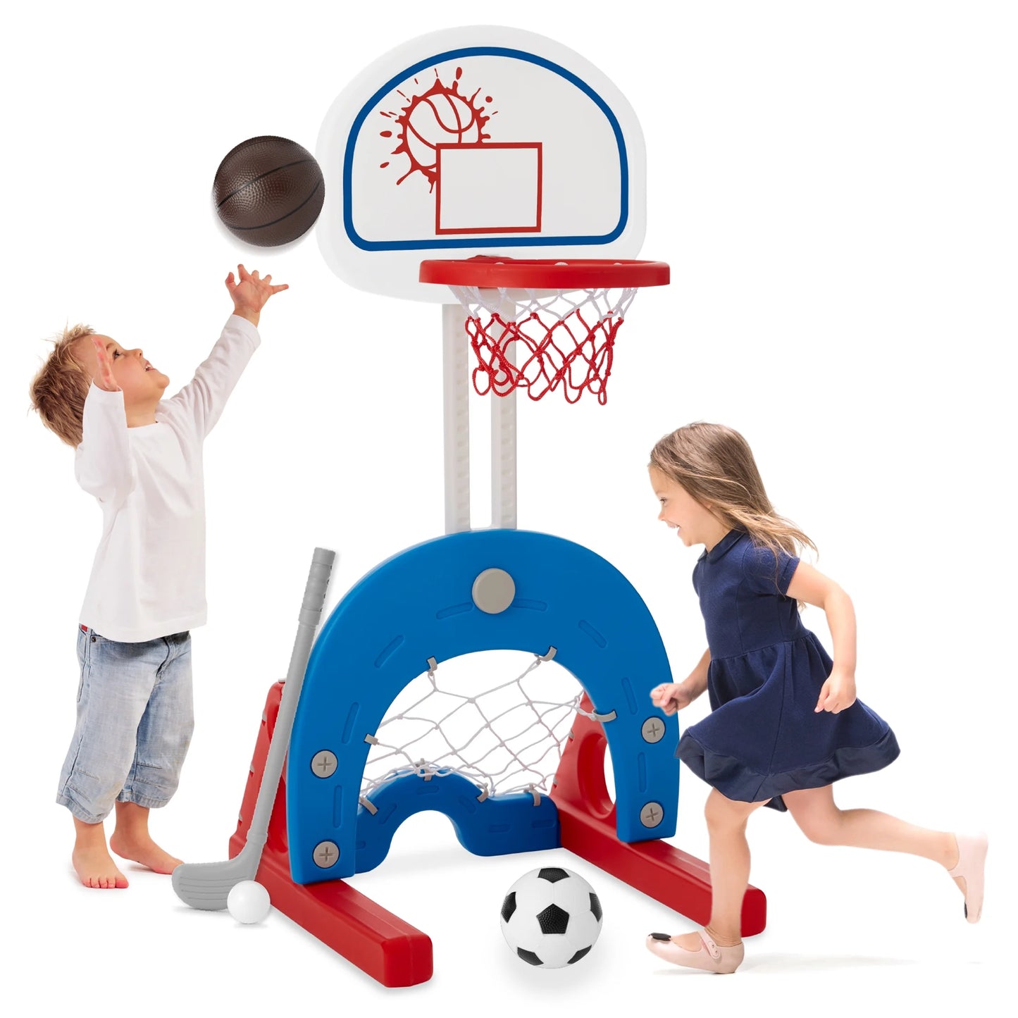 3-In-1 Toddler Basketball Hoop Sports Activity Center Grow with Me Play Set W/ Soccer, Golf