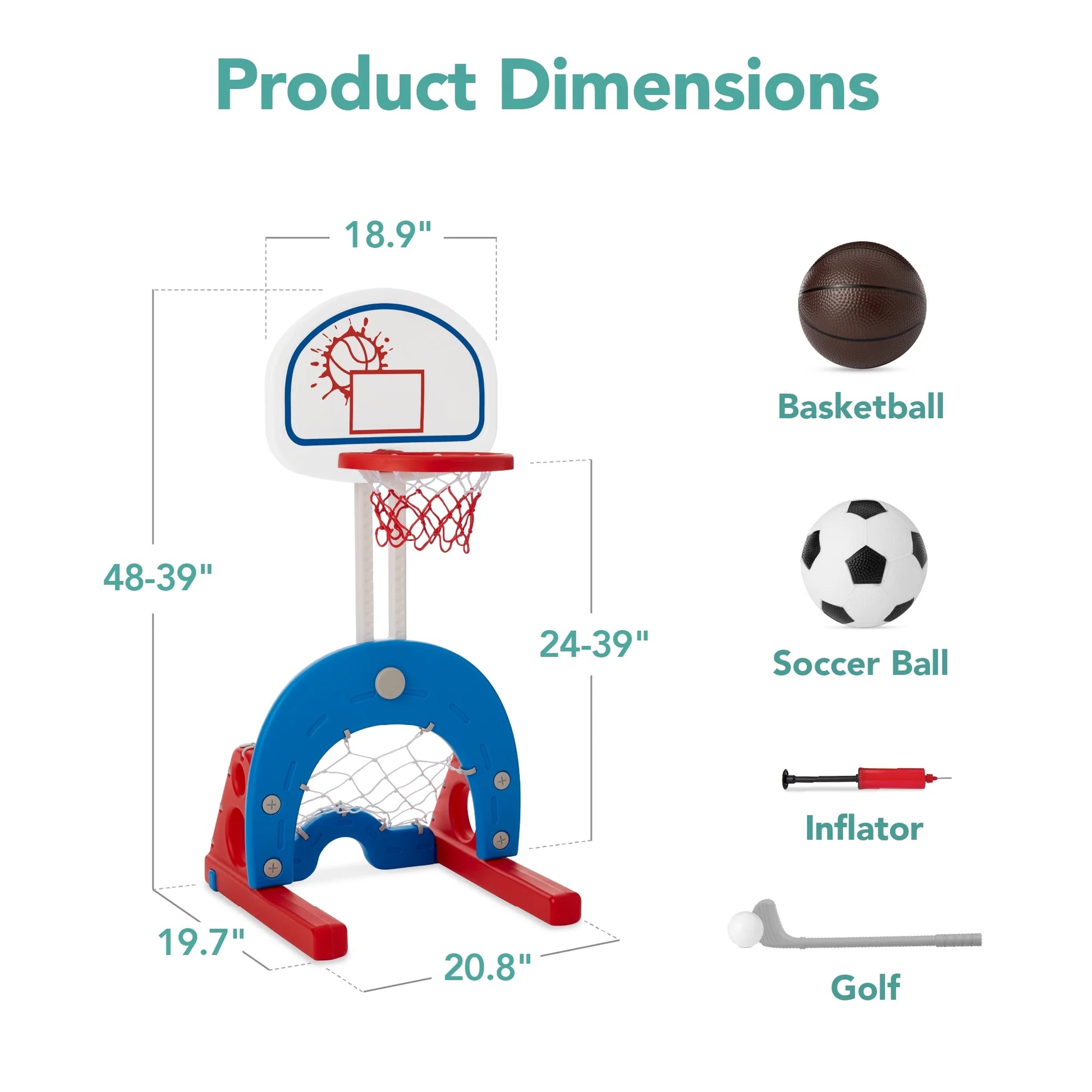 3-In-1 Toddler Basketball Hoop Sports Activity Center Grow with Me Play Set W/ Soccer, Golf