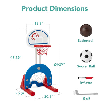 3-In-1 Toddler Basketball Hoop Sports Activity Center Grow with Me Play Set W/ Soccer, Golf