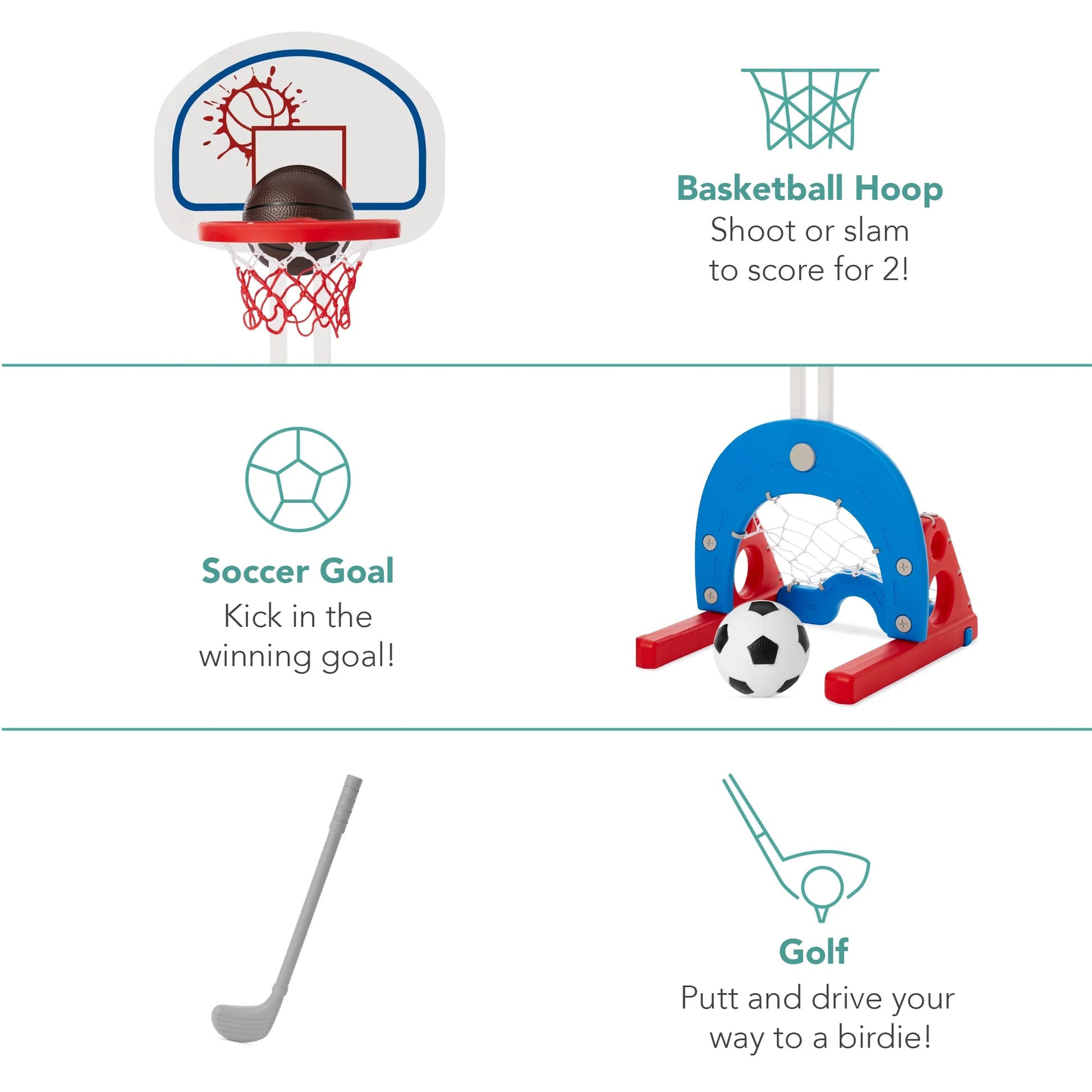 3-In-1 Toddler Basketball Hoop Sports Activity Center Grow with Me Play Set W/ Soccer, Golf