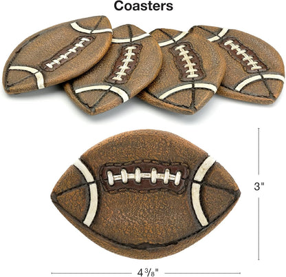 Football Coasters Set: Includes 4 Football Coasters and Holder. Vintage Sports Home Decor.