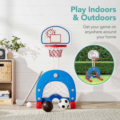 3-In-1 Toddler Basketball Hoop Sports Activity Center Grow with Me Play Set W/ Soccer, Golf